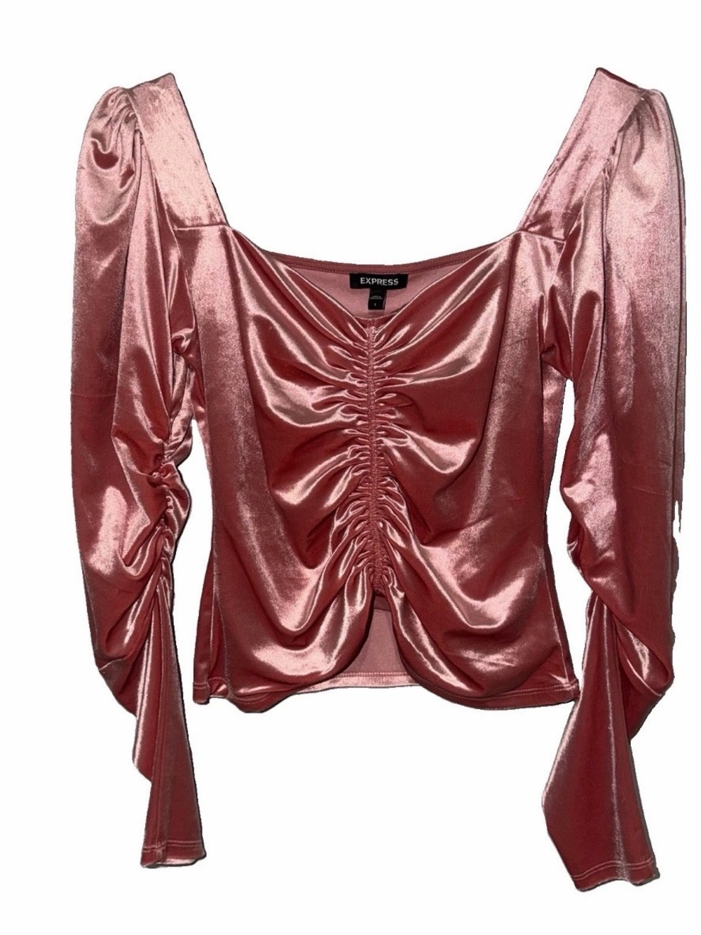 Express S Pink Velvet Top Ruched Puff Sleeve Glam Romantic Coquette Whimsigoth
